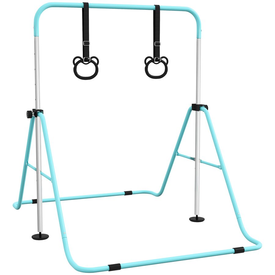 HOMCOM Kinder-Turnstange, horizontale Stange, klappbares, höhenverstellbares Turngerät 88-128 cm mit Turnringen, cyan   Aosom von HOMCOM