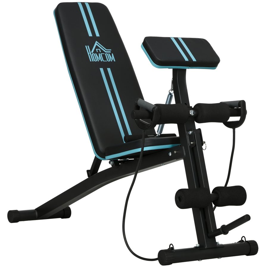 HOMCOM Hantelbank, Multifunktion Trainingsbank mit 7-fach verstellbarer Rückenlehne, Klappbar Fitnessbank bis 120 kg belastbar, für Zuhause, Bizeps-Curls, Langhantel, Stahl, Blau   Aosom von HOMCOM