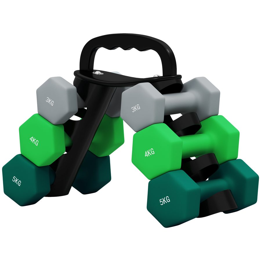 SPORTNOW 6er-Set Kurzhantel 2 x 3 kg, 2 x 4 kg, 2 x 5 kg, Hantel-Set mit Ständer, Hexagon Hanteln Set, für Krafttraining, Fitness Zuhause Gym, Grau+Grün+Türkis   Aosom von SPORTNOW