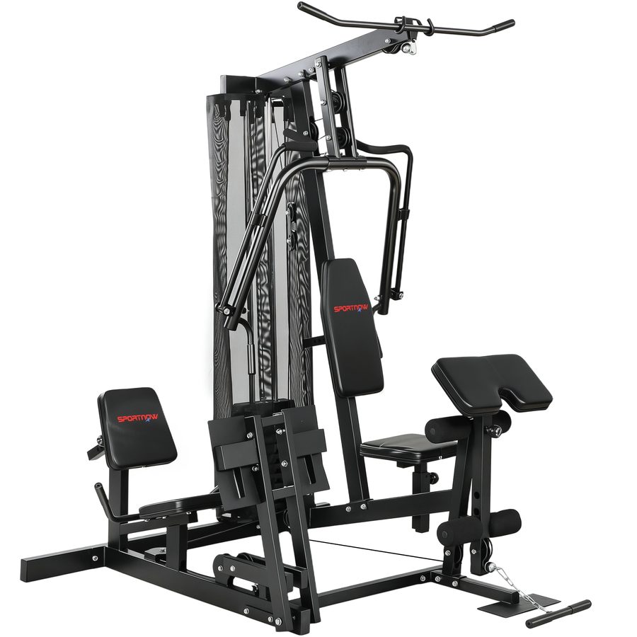SPORTNOW Kraftstation Fitnessstation mit Latzug Butterflystange 65kg Gewichten Seil Beinpresse Multifunktion Krafttraining bis zu 120kg belastbar Fitnessgerät Trainingsstation für Zuhause   Aosom von SPORTNOW