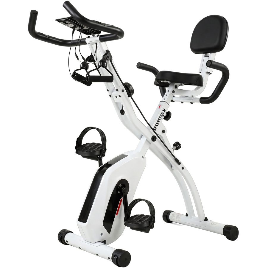 SPORTNOW Klappbarer Heimtrainer 3-in-1 mit Rückenlehne, 8-stufigem Magnetwiderstand, einstellbar, Bluetooth, LCD-Display, Schwungrad, Widerstandsbänder, Pulssensor, Handyhalter, Weiß   Aosom von SPORTNOW