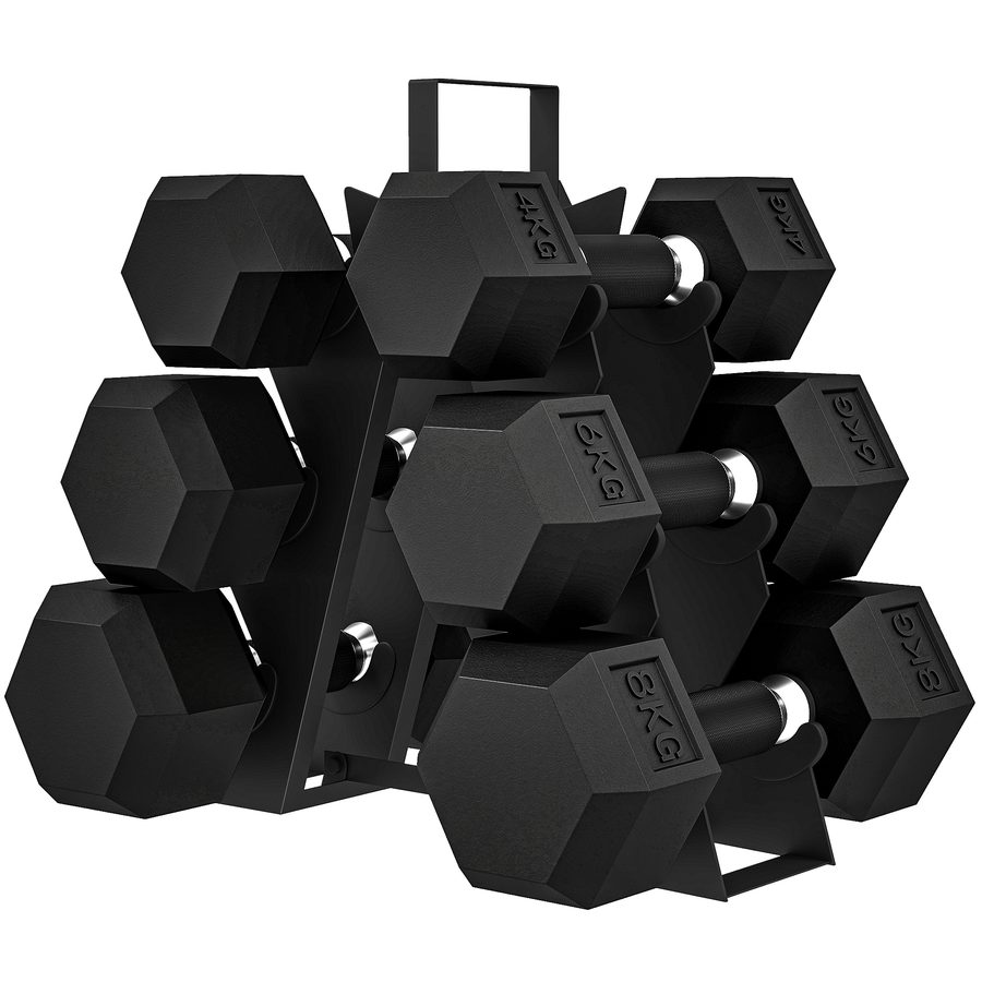 SPORTNOW Kurzhantel-Set 6-teilig 36 kg, sechskantige Hanteln 2x4 kg, 2x6 kg, 2x8 kg, mit Aufbewahrungsständer, Gummibeschichtung und rutschfestem Griff für Training zu Hause und im Fitnessstudio   Aosom von SPORTNOW