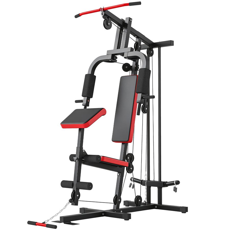 SPORTNOW Kraftstation Fitnessstation mit Latzug, Butterflystange, verstellbar Preacher Bank, Beintrainer, Multifunktion Homegym Multistation bis 120kg Fitnessgerät für Zuhause Schwarz+Rot   Aosom von SPORTNOW