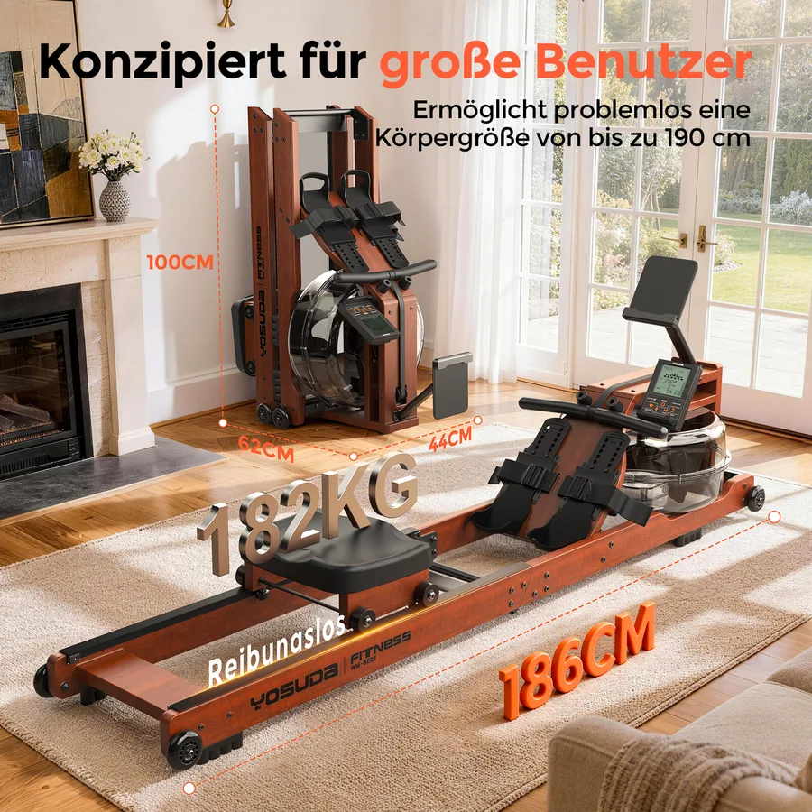 YOSUDA 2025 Neu Rudergerät Wasser, Rudergerät für Zuhause Klappbar Holz mit Bluetooth Display & Verstellbarer Handy-Halter, max. 190cm/182kg, ultraleise Rudermaschine, Massivholz waterrower