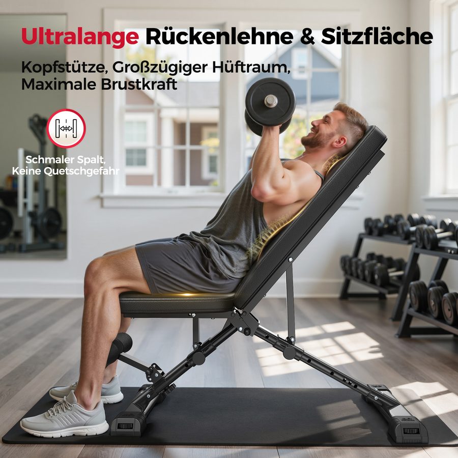 FLYBIRD Multifunktionale Hantelbank, verstellbare Profi-Trainingsbank mit 363 kg Traglast für Heimfitness, Schnellverstellung, platzsparend klappbar, ASTM-zertifiziert, 90% vormontiert