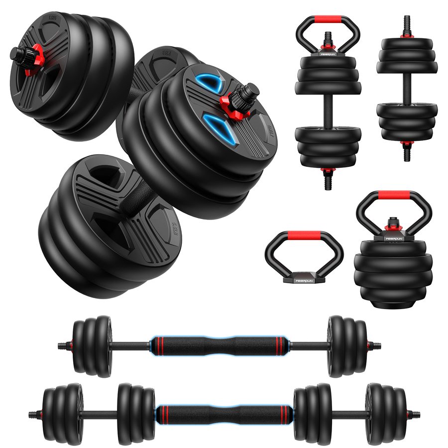 FEIERDUN 10kg-20kg Hanteln Verstellbar 2er Set, 5-in-1 Hantelset Dumbbell Set, Langhantel, Kettlebell, Liegestützständer für Ganzkörpertraining, Krafttraining für Männer und Frauen