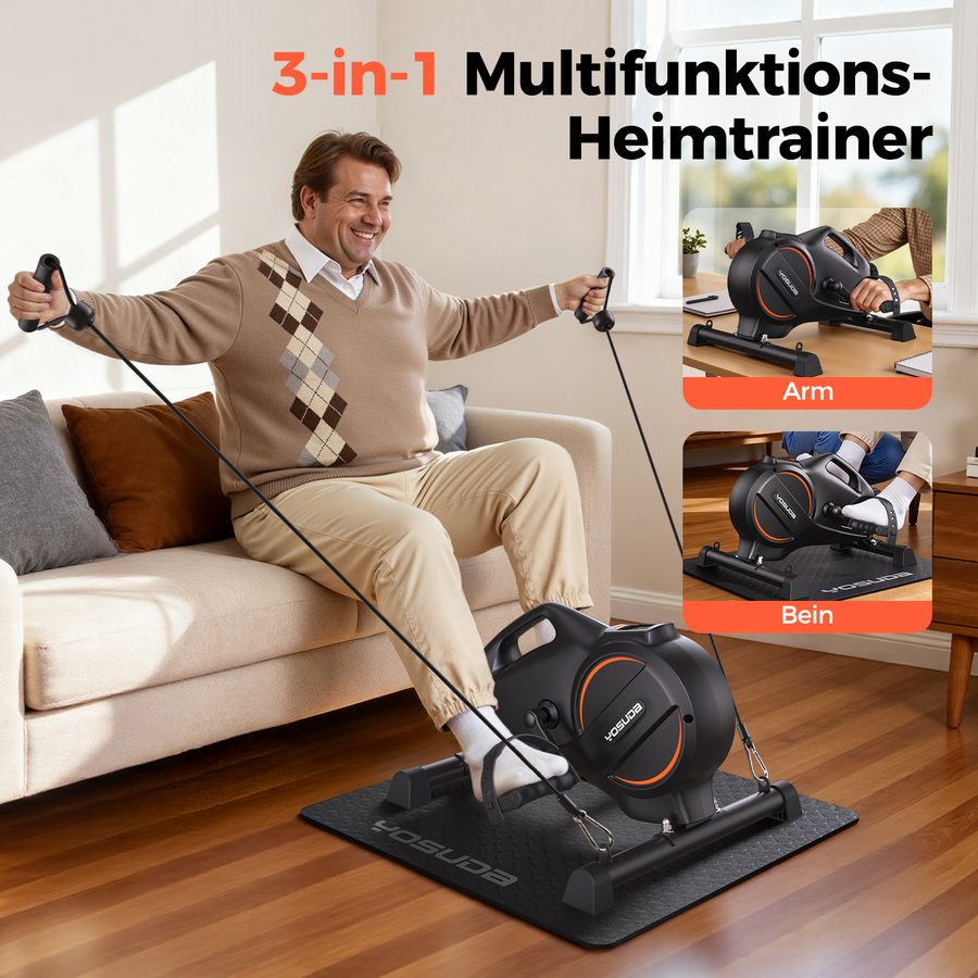 YOSUDA Pedaltrainer, Beintrainer für Zuhause mit 2 Widerstandsbändern und Rutschfester Matte, Mini Heimtrainer für Senioren, Arm und Beintrainer im Sitzen, 16-stufiger Einstellbarer Widerstand