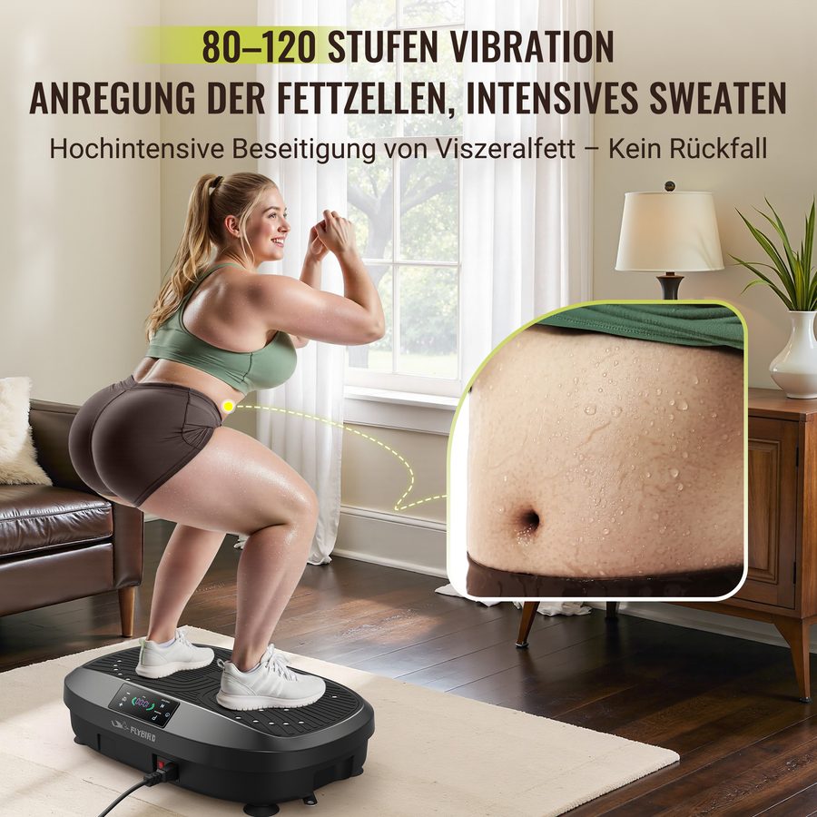 FLYBIRD Vibrationsplatte, 120 Leistungsstarke einstellbare Geschwindigkeiten,150KG Tragkraft,Ganzkörper-Training mit Fernbedienung für Frauen Muskelaufbau & Lymphdrainage