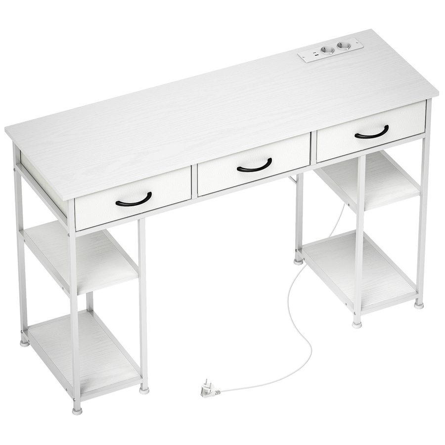HOMCOM Schreibtisch Küchentisch mit 2 USB-Ladeanschlüssen 2 Steckdosen Computertisch mit verstellbare Regalböden 3 Stoffschubladen Arbeitstisch mit Stahlrahmen Laptoptisch Büroregal Weiß 120x40x76 cm   Aosom von HOMCOM