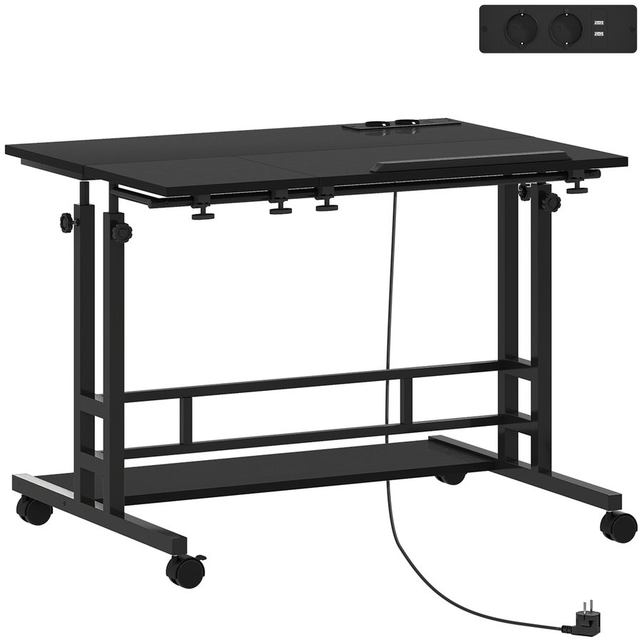 HOMCOM Schreibtisch mit Rädern, Steckdosen, USB-Anschlüssen, Höhenverstellbar, 80x60 cm, Stehschreibtisch mit Neigbarem mittlerem Panel und Unterem Ablagefach für Büro, Zuhause, Schwarz   Aosom von HOMCOM