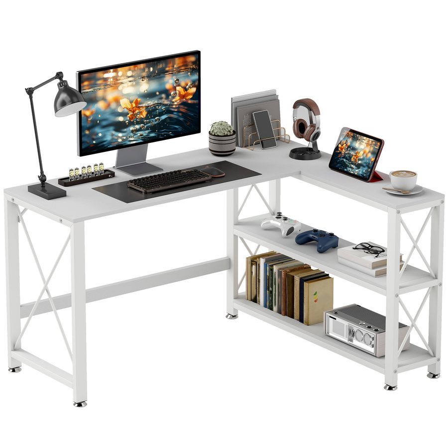 HOMCOM Reversibler modularer Eckschreibtisch mit Stauraum, moderner Schreibtisch mit Regal, Metallrahmen, Computertisch für kleine Räume, Wohnzimmer, 135 x 110 x 75 cm, Weiß   Aosom