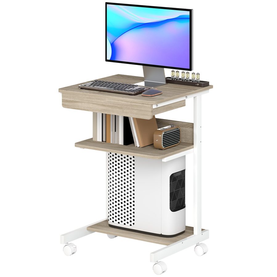 HOMCOM Schreibtisch mit Rollen Computertisch platzsparender Bürotisch mit CPU-Ständer, Schublade, Ablage, PC Tisch für Home Office, Schlafzimmer Eiche   Aosom von HOMCOM