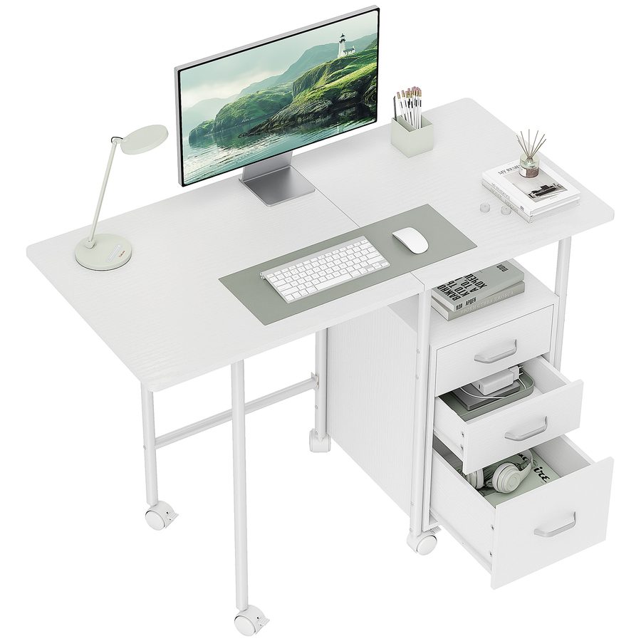 HOMCOM Klappbarer Computertisch mit Rollen, Schreibtisch mit Stauraum, 3 Schubladen, erweiterbare Plattform, Stahlrahmen, 105x51x75,5 cm, für Homeoffice, Schlafzimmer, Studienraum, modernes Weiß   Aosom von HOMCOM