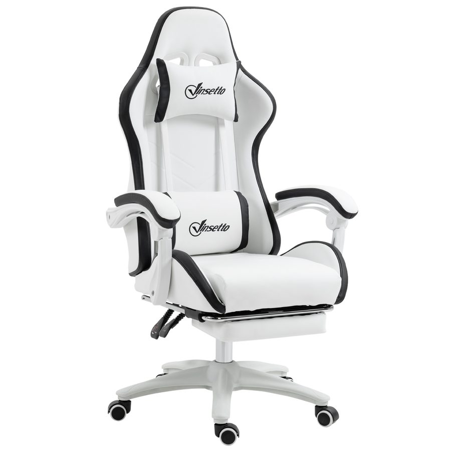Vinsetto Ergonomischer Gaming-Stuhl aus PU-Kunstleder und Stahl mit Kopfstütze und Höhenverstellung, Gaming-Sessel mit neigbarer Rückenlehne und Lendenkissen, 65x65x121-129 cm, Weiß und Schwarz   Aosom von Vinsetto