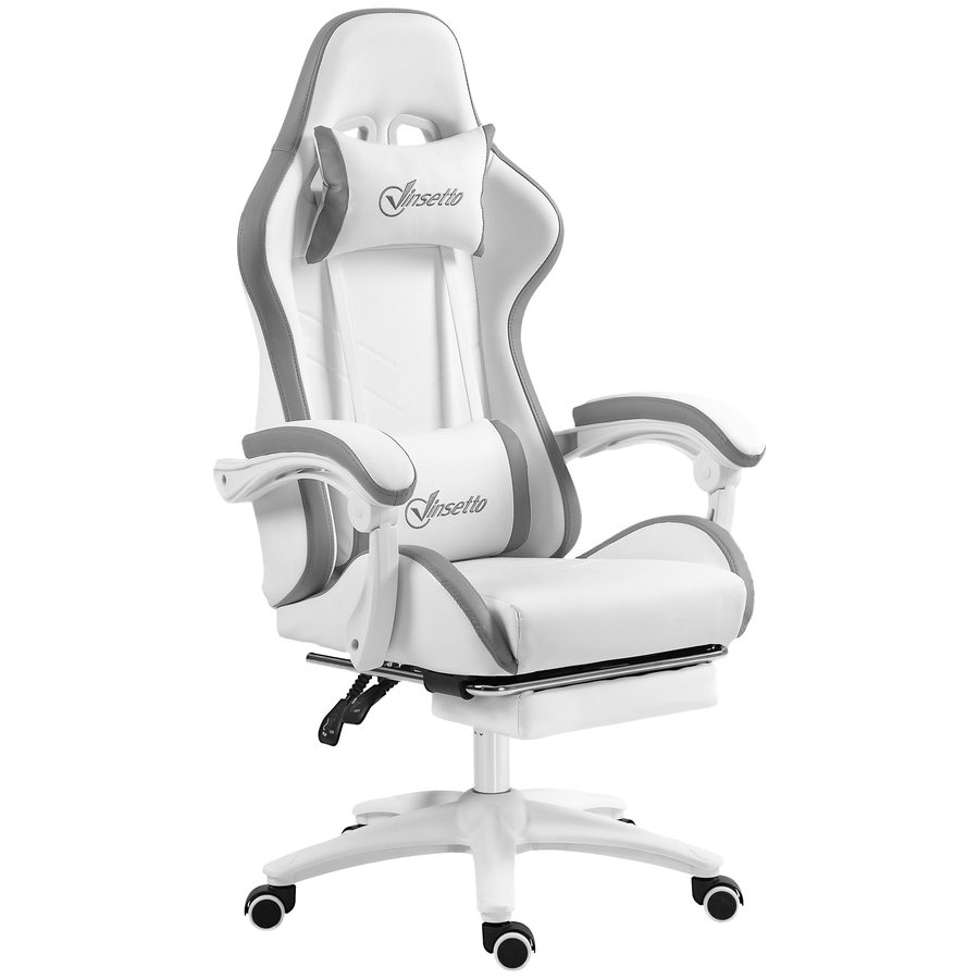 Vinsetto Gaming-Stuhl ergonomischer Gaming-Stuhl mit ausfahrbarem Fußteil, 135° neigbarer Rückenlehne, verstellbarem Kopfstütze und Lendenwirbelstütze, 360° drehbarer Bürostuhl aus Polyurethan, Weiß   Aosom von Vinsetto