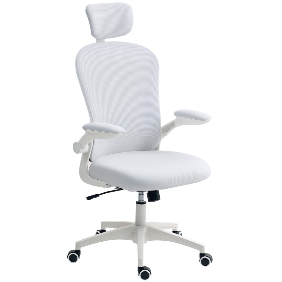 Vinsetto Mesh-Bürostuhl, drehbarer Schreibtischstuhl mit Wippfunktion, hohe Rückenlehne, verstellbare Kopfstütze, 4D-Lendenstütze, klappbare Armlehnen, höhenverstellbar, Weiß   Aosom von Vinsetto
