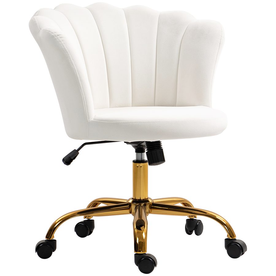 HOMCOM Bürostuhl aus Samt, Friseurstuhl mit Blumenblatt-Rückenlehne, verstellbare Höhe, Wippfunktion, gepolsterter und drehbarer Sitz, Muschelstuhl für Büro, Wohnzimmer, Schlafzimmer, weiß   Aosom von HOMCOM