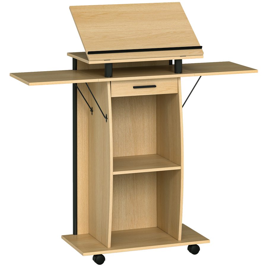HOMCOM Rednerpult Podium mit Rädern, klappbaren Seitenflügeln, neigbarem Laptopständer, Podiumständer mit Schublade, Regal für Kirche, Vortrag, Klassenzimmer Eiche 126 x 37 x 136 cm   Aosom von HOMCOM