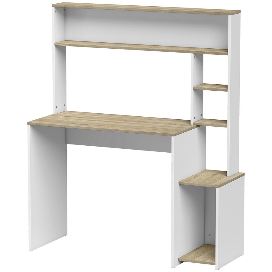 HOMCOM Computertisch, 114 x 45 x 138 cm, Schreibtisch mit Stauraum, offene Regale, große Arbeitsfläche und CPU-Halter, Moderner Schreibtisch für Schlafzimmer, Zuhause, kleine Räume, Weiß und Holzdekor   Aosom von HOMCOM