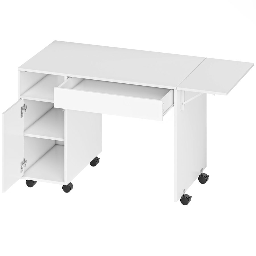 HOMCOM Faltbarer Computerschreibtisch 130 x 58 cm mit Rollen, Schreibtisch mit Stauraum, Schublade, Arbeitsplatz für kleine Räume, Schlafzimmer, Wohnzimmer, Weiß   Aosom von HOMCOM