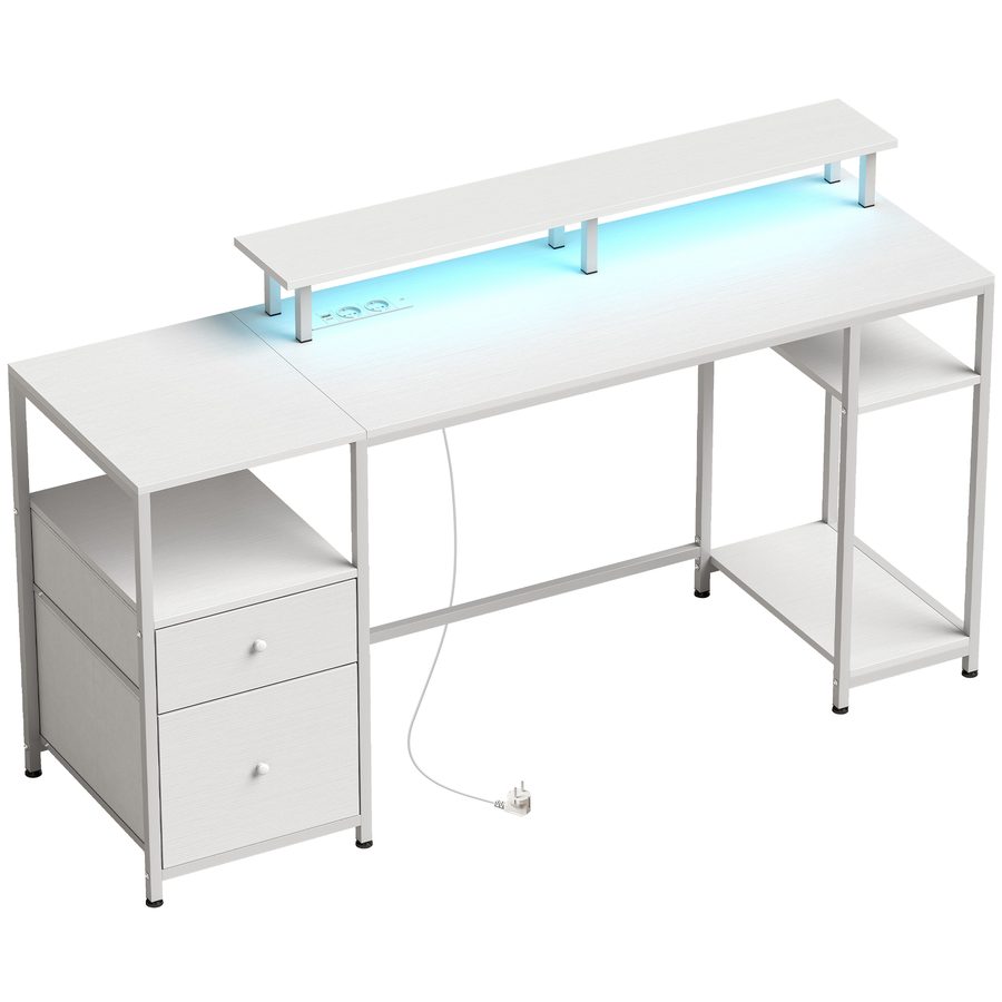 HOMCOM Schreibtisch Computertisch mit LED-Beleuchtung, Regalen, Schubladen, Steckdosen, USB-Ports und Monitorhalter für Büro, Arbeitszimmer 155,5x48x88,5 cm Weiß   Aosom von HOMCOM