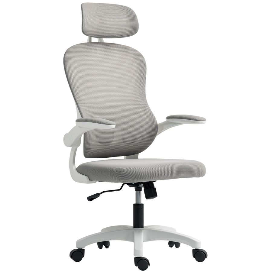 HOMCOM Bürostuhl Ergonomischer Schreibtischstuhl mit Hochklappbaren Armlehnen, Verstellbarer Lendenwirbelstütze und Kopfteil, Höhenverstellbarer Drehstuhl mit Wippfunktion, Netzbespannung Grau   Aosom von HOMCOM