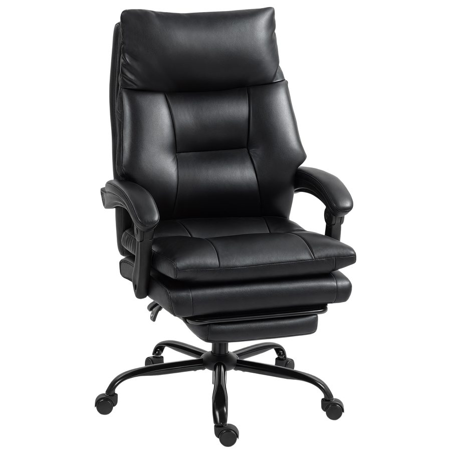 HOMCOM Ergonomischer Bürostuhl, Chefsessel mit breiter Sitzfläche und Fußstütze, aus PU-Leder, 135° neigbar, Lendenwirbelstütze, hohe Rückenlehne, höhenverstellbar, Drehrollen, Schwarz   Aosom von HOMCOM