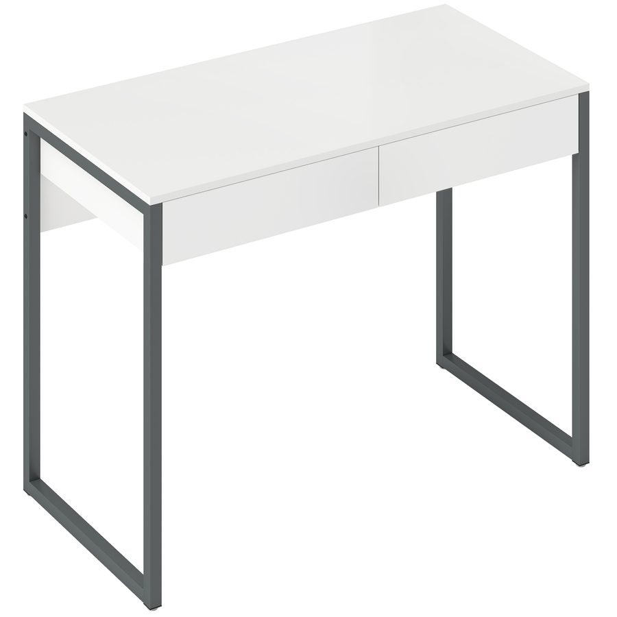 HOMCOM Schreibtisch mit 2 Schubladen, 100x50x75 cm, Computertisch, Stahlgestell, für Zuhause, Büro, kleine Räume, Hochglanzweiß   Aosom von HOMCOM
