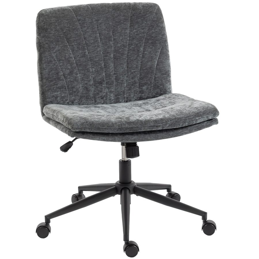 HOMCOM Bürostuhl für gekreuzte Beine, Schreibtischstuhl mit breiter Sitzfläche, ohne Armlehnen, Rollen, höhenverstellbar, drehbar, Wippfunktion, Chenille bezogen, 62x67x83-93 cm, Grau   Aosom von HOMCOM