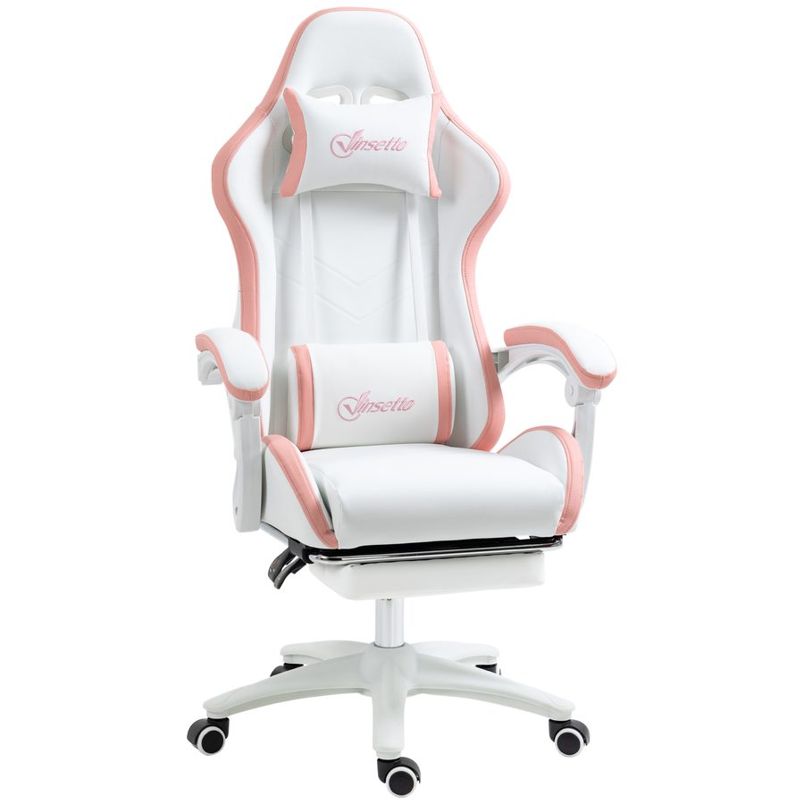 Vinsetto Ergonomischer Gaming-Stuhl aus PU-Leder und Stahl mit Kopfstütze und Höhenverstellung, Gaming-Sessel mit neigbarer Rückenlehne und Lendenkissen, 65x65x121-129 cm, Weiß und Rosa   Aosom von Vinsetto