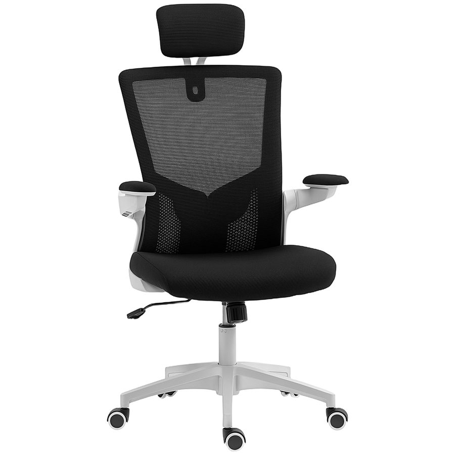 HOMCOM ergonomischer Bürostuhl, höhenverstellbarer Bürosessel, Lendenstütze, Kopfstütze, klappbare Armlehnen, Wippfunktion, 360° drehbar mit Rollen, schwarz   Aosom von HOMCOM