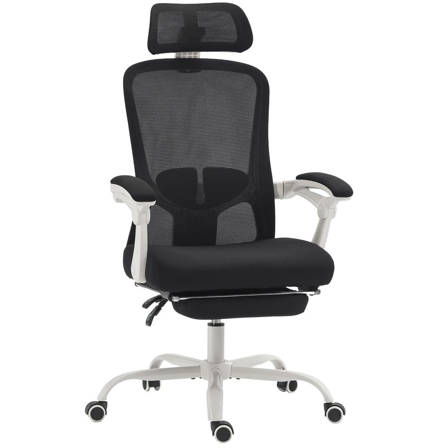 HOMCOM Ergonomischer Bürostuhl, bis 135° neigbar mit Fußstütze, drehbarer Schreibtischstuhl mit 2D-Lendenstütze, 2D-Kopfstütze, höhenverstellbar, Netz, Schwarz   Aosom von HOMCOM