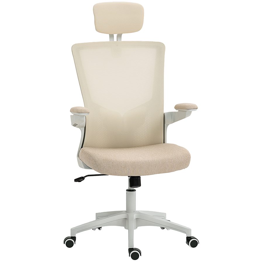 HOMCOM Ergonomischer Bürostuhl, höhenverstellbarer Bürostuhl mit Lendenstütze, Kopfstütze, hochklappbaren Armlehnen, Wippfunktion, 360°-Drehung und Rollen, beige   Aosom von HOMCOM