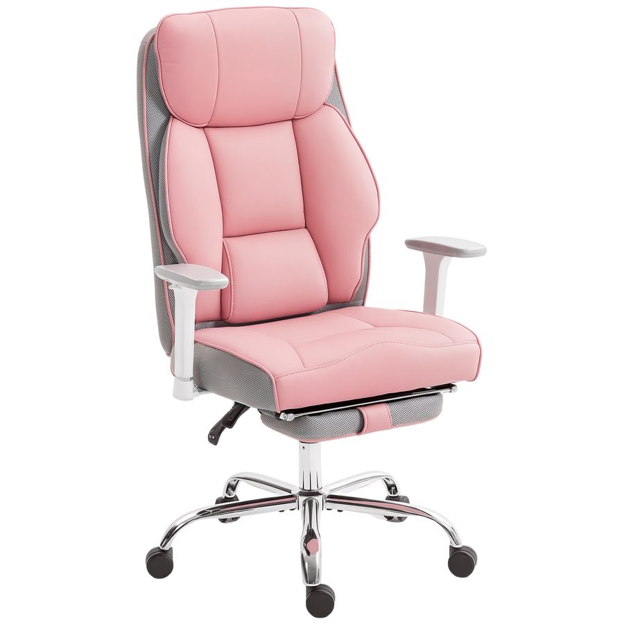 HOMCOM Ergonomischer Bürostuhl, Chefsessel mit Fußstütze und breiter Sitzfläche, aus PU-Leder, bis 135° neigbar mit Kopfstütze, verstellbare Armlehnen und Sitzhöhe, schwenkbare Rollen, 150 kg, Rosa   Aosom von HOMCOM