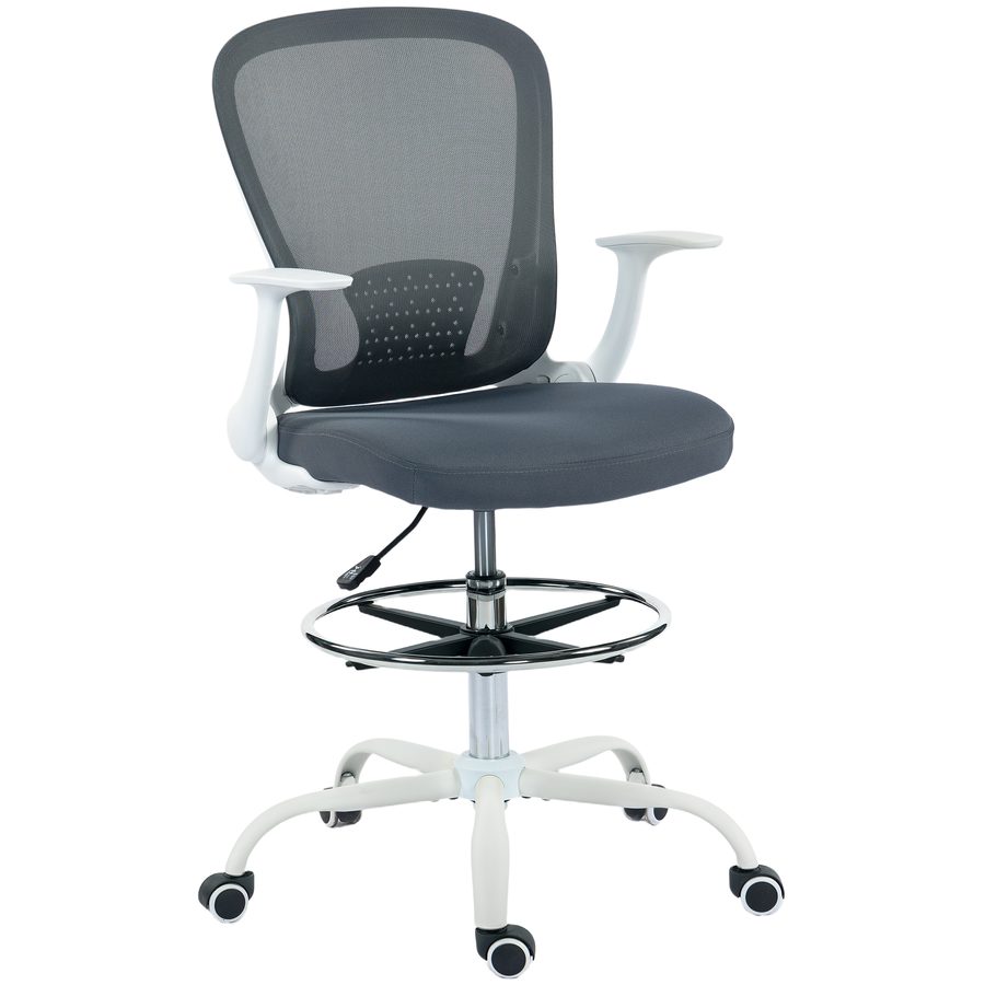 HOMCOM Ergonomischer Bürostuhl mit verstellbarer Fußstütze und hochklappbaren Armlehnen, Zeichenstuhl mit Netzrücken, höhenverstellbar, hohe Armlehnen, 360° drehbar, grau   Aosom von HOMCOM
