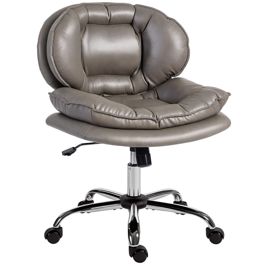 HOMCOM Silla de Oficina Piernas Cruzadas, Silla de Escritorio sin Brazos con Asiento Ancho, Ruedas, Altura Ajustable, Doble Acolchado, Giratoria, Función Basculante, Tapizada en PU, Gris Oscuro   Aosom