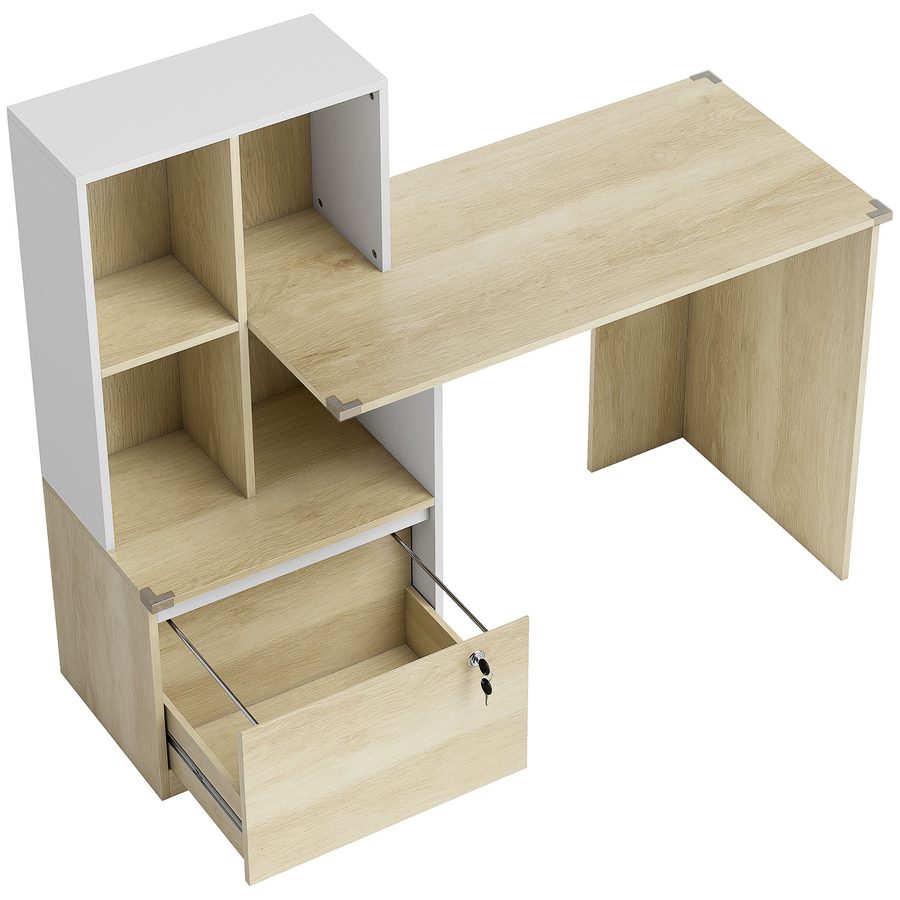 HOMCOM Computer-Schreibtisch mit Regal 4 Fächer und abschließbarer Hängeregister-Schublade, Stoßschutzpolster, Schreibtisch für Schlafzimmer, Arbeitszimmer, 126x50x109cm, Eiche und Weiß   Aosom von HOMCOM