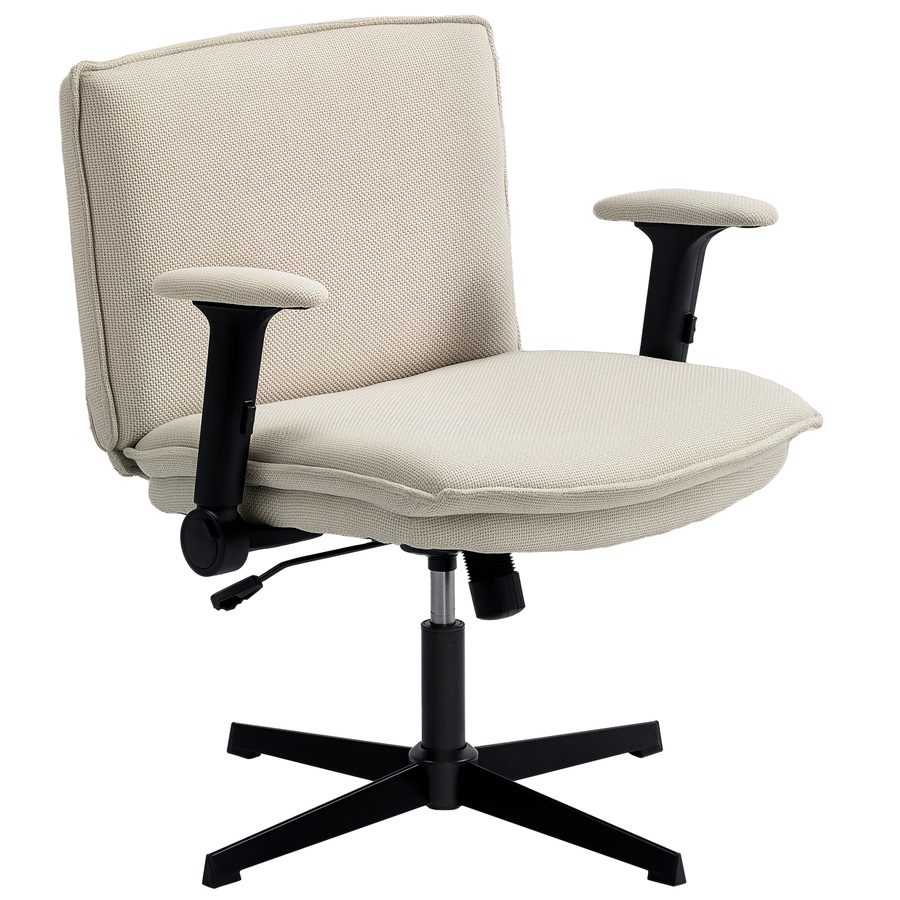 HOMCOM Bürostuhl für Überkreuzte Beine, Schreibtischstuhl mit klappbaren Armlehnen, 63 cm breiter Sitz, ohne Rollen, höhenverstellbar, drehbar, Kippfunktion, Leinenbezug, Creme   Aosom von HOMCOM