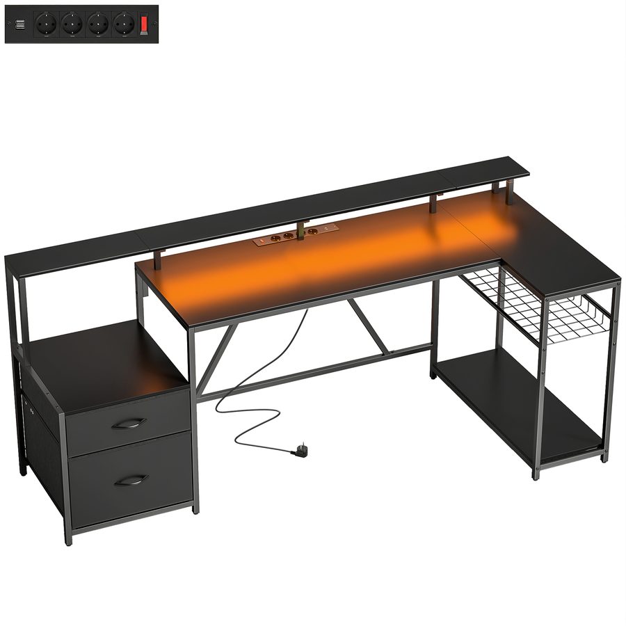 HOMCOM L-förmiger, reversibler Gaming-Schreibtisch mit LED, 192.5cm Eckschreibtisch mit Steckdosen, Monitor- und CPU-Halter, 2 Stoffschubladen für A4/Legal-Dokumente, für Zuhause Büro Arbeitszimmer, Schwarz   Aosom von HOMCOM