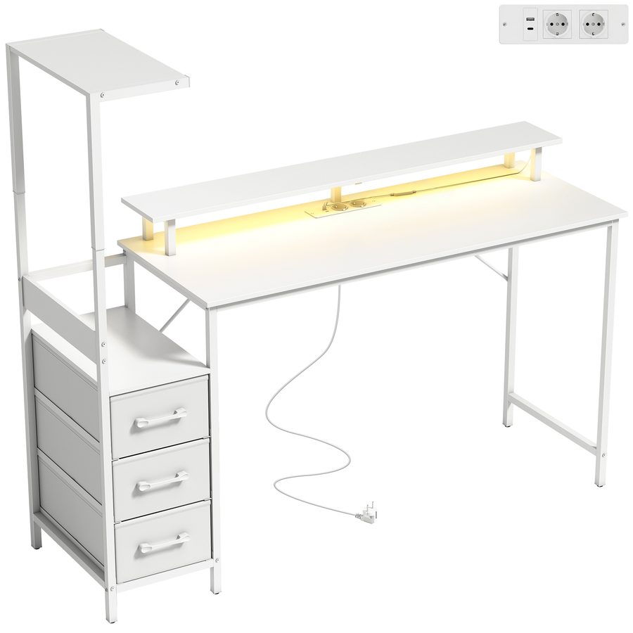 HOMCOM Gaming-Schreibtisch mit verstellbarem, umkehrbarem CPU-Halter und LED, 147x47 cm Gaming-Station mit Ladestation, Monitorhalter, 3 Stoffschubladen, für Zuhause Büro Studio, Weiß   Aosom von HOMCOM