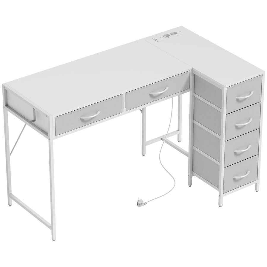 HOMCOM L-Eckschreibtisch, reversibel, mit 6 Stoffschubladen, 126x48 cm, mit Stromanschluss, USB- & USB-C-Ladeanschluss, L-Schreibtisch für Homeoffice, Studio, Weiß   Aosom von HOMCOM