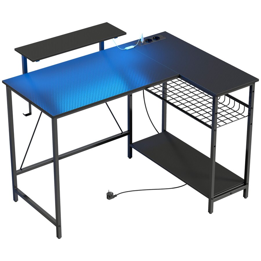 HOMCOM Reversibler L-Gaming-Schreibtisch mit LED, 114.5x82cm Eck-Schreibtisch mit Steckdosen, Monitorhalterung und verstellbaren Netzregalen, Gaming-Station für Zuhause Büro Studio, Schwarz   Aosom von HOMCOM