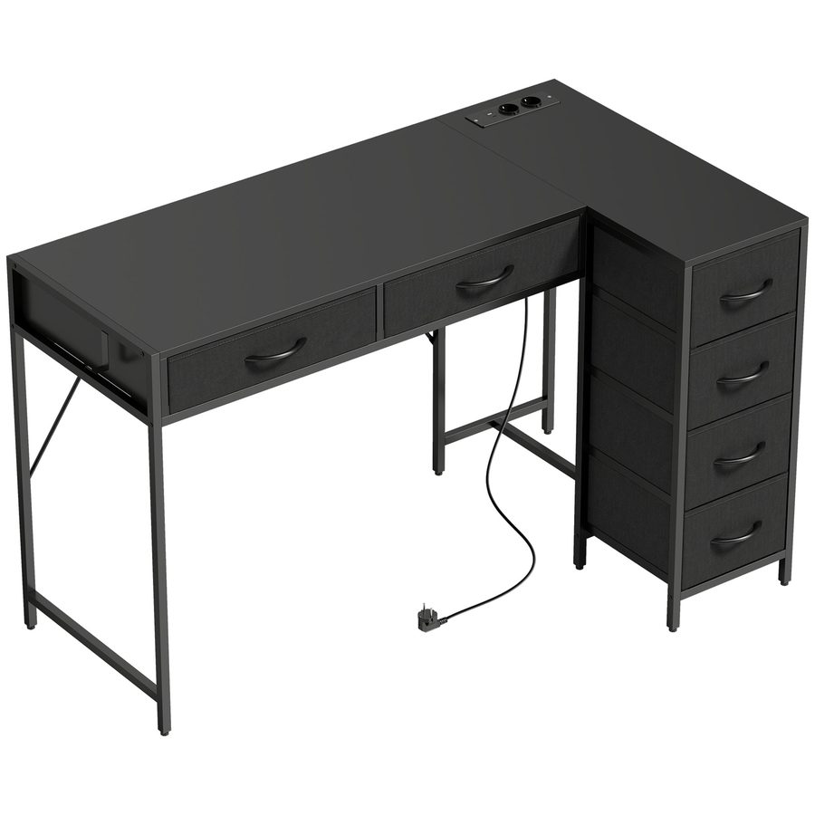 HOMCOM Wendbarer Eckschreibtisch mit Stromanschlüssen und USB-Ports, 126x48 cm L-förmiger Schreibtisch mit 6 Stoffschubladen, seitlichem Haken, für PC, Büro, Home Office, Schwarz   Aosom von HOMCOM