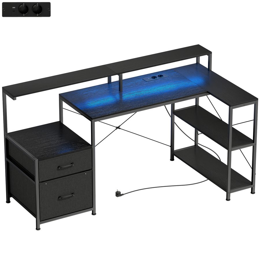 HOMCOM Gaming Tisch L-förmiger 165 x 80 cm Schreibtisch mit LED & Steckdosen, Computertisch mit Doppelmonitorständer, 2 Schublade, Ablagefächer, für Home Office, Spielen, Studium, Schwarze Holzoptik   Aosom von HOMCOM