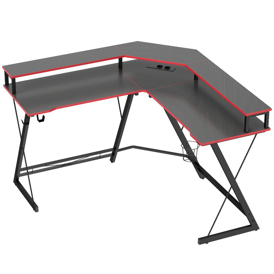 HOMCOM Gaming Tisch L Form mit Steckdosen, USB-Anschlüssen Computertisch 128x128 cm Eckschreibtisch mit Monitorständer, Kopfhörerhalter, Carbon-Optik und Getränkehalter, für Home Office, Schwarz   Aosom von HOMCOM