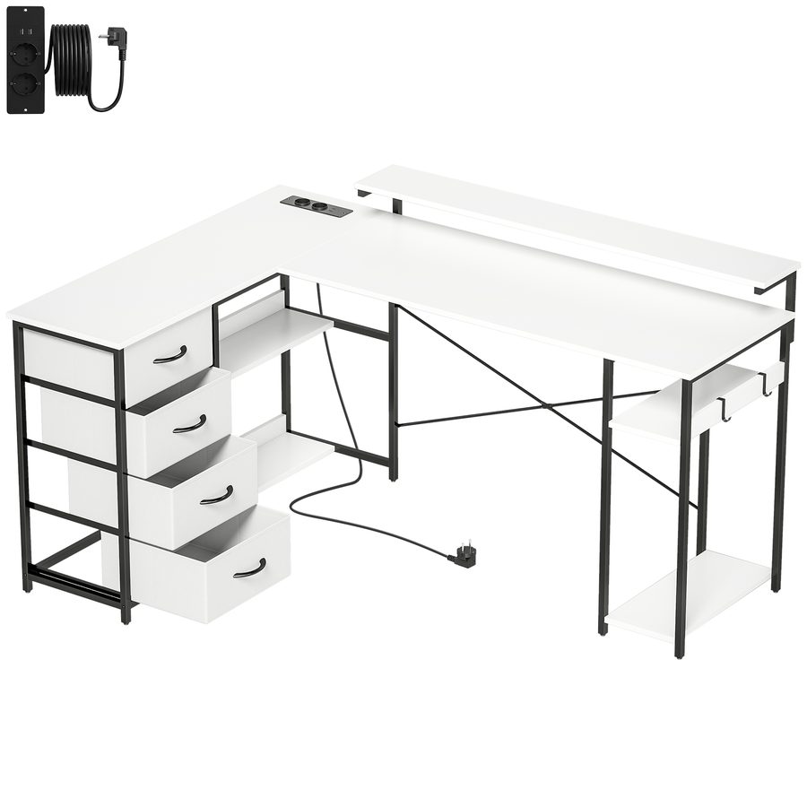 HOMCOM Eckschreibtisch mit 4 Stoffschubladen, 155x112 cm, reversibler L-Schreibtisch mit 2 Steckdosen und 2 USB-Ports, Monitorhalter, 2 Haken, für Homeoffice, Arbeitszimmer, Weiß   Aosom von HOMCOM
