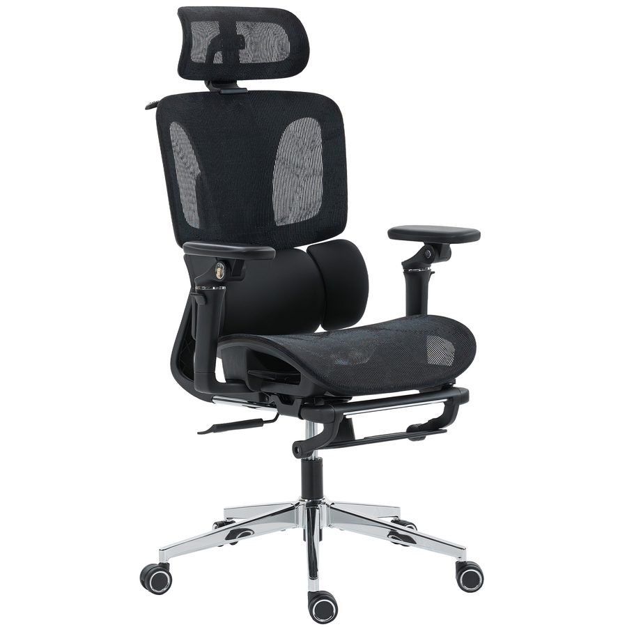 HOMCOM Ergonomischer Bürostuhl mit 6D-Armlehnen, verstellbarer Kopfstütze und Sitztiefe, Mesh, neigbar, höhenverstellbar, Lordosenstütze, Fußstütze, Schwarz   Aosom von HOMCOM