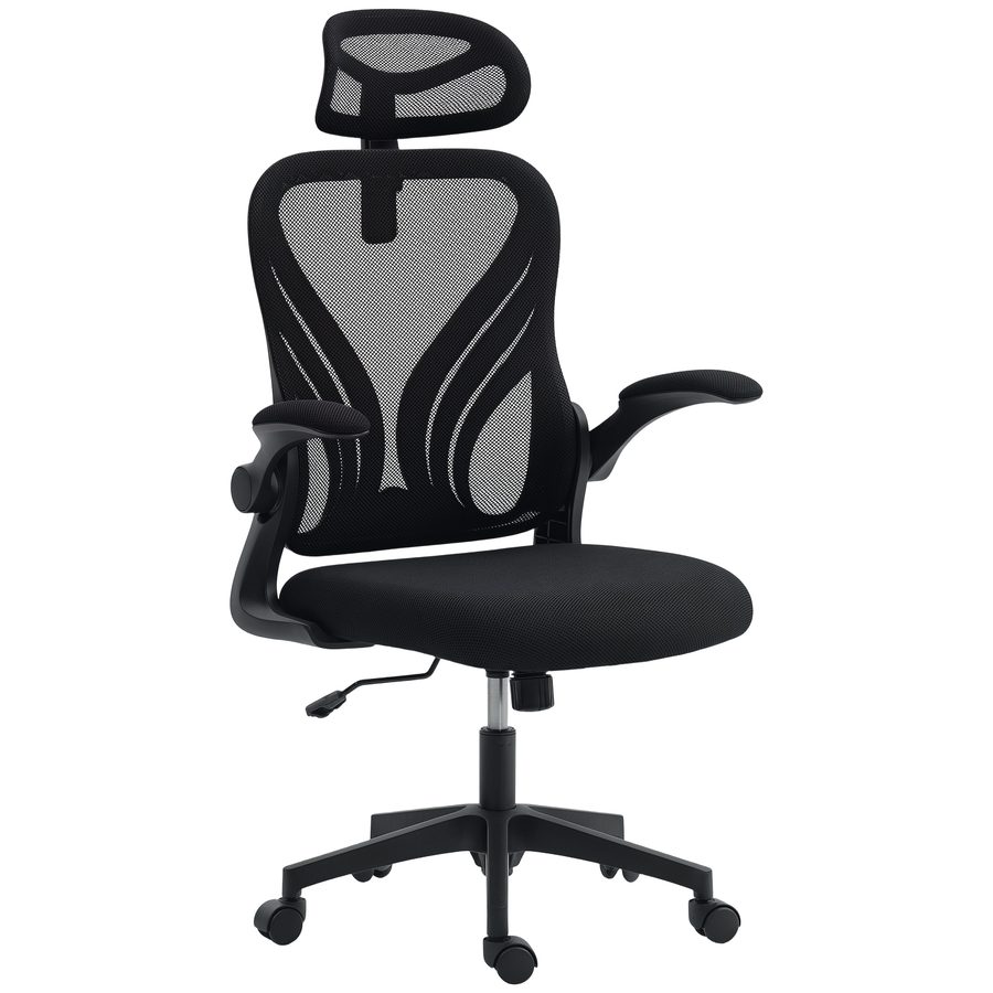 HOMCOM Ergonomischer Bürostuhl mit klappbaren Armlehnen und klappbarer Rückenlehne, Schreibtischstuhl mit Wippfunktion, verstellbare Kopfstütze, drehbar, Schwarz   Aosom von HOMCOM