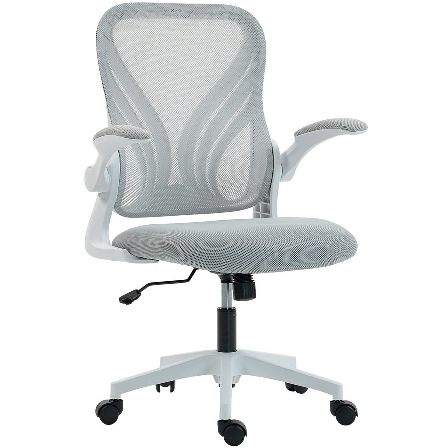 HOMCOM ergonomischer Bürostuhl, Netz-Bürostuhl mit klappbarer Rückenlehne, hochklappbaren Armlehnen, Lendenstütze, Wippfunktion und 360°-Drehung, hellgrau   Aosom von HOMCOM