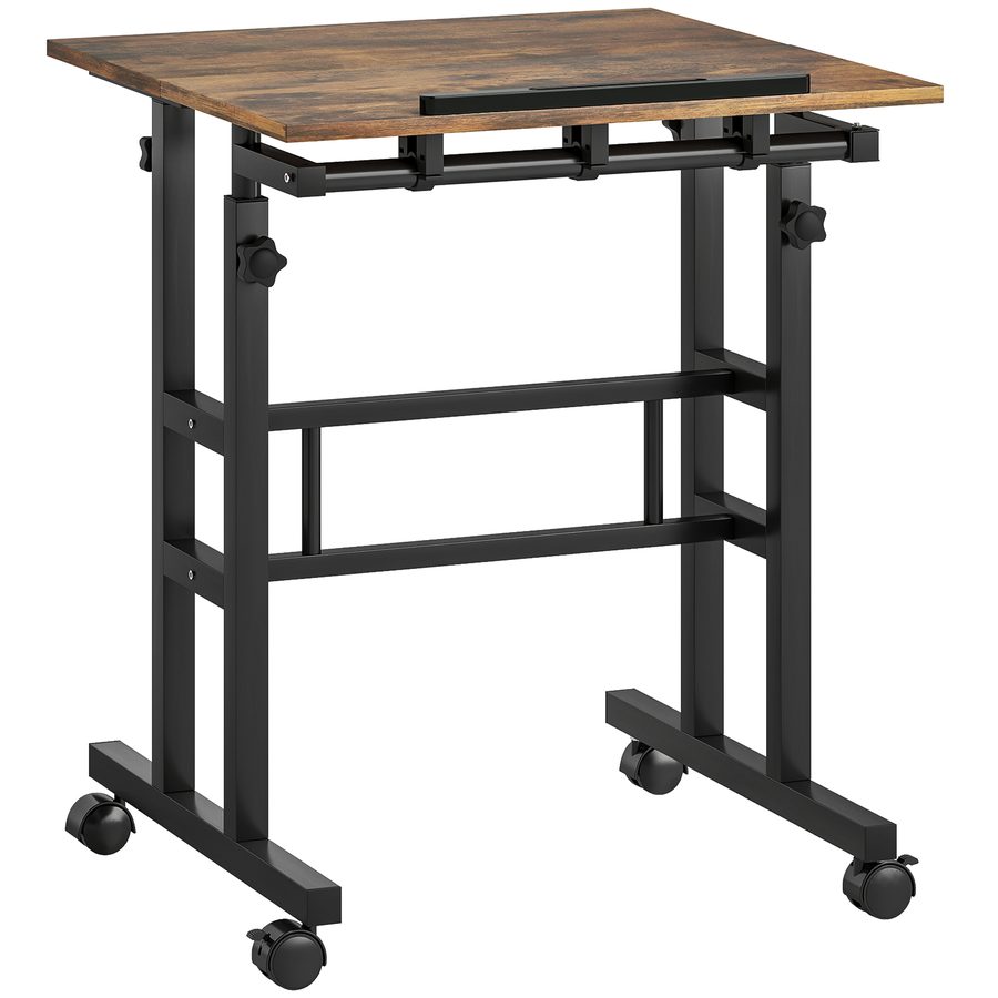 HOMCOM Schreibtisch Höhenverstellbar Küchentisch mit Regal, Rollen, Computertisch Arbeitstisch Laptoptisch Büroregal Rustikal Braun 60 x 60 x 70,5-120 cm   Aosom von HOMCOM